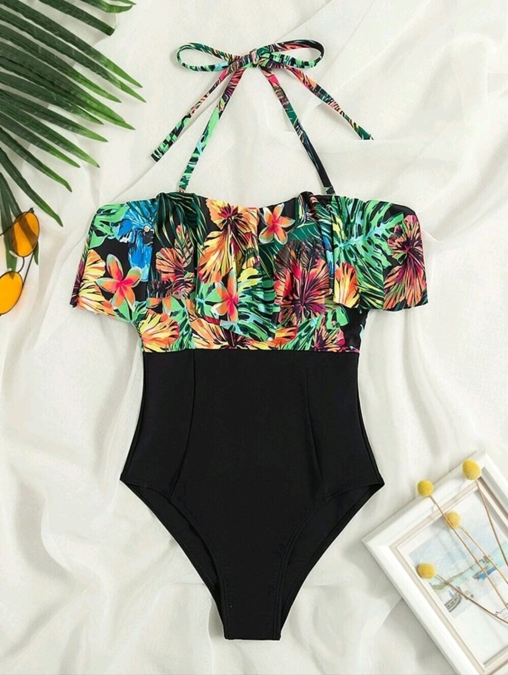 Shein Swim Lushoire Summer Beach Tropical Print Ruffle Hem One Piece Swimsuit